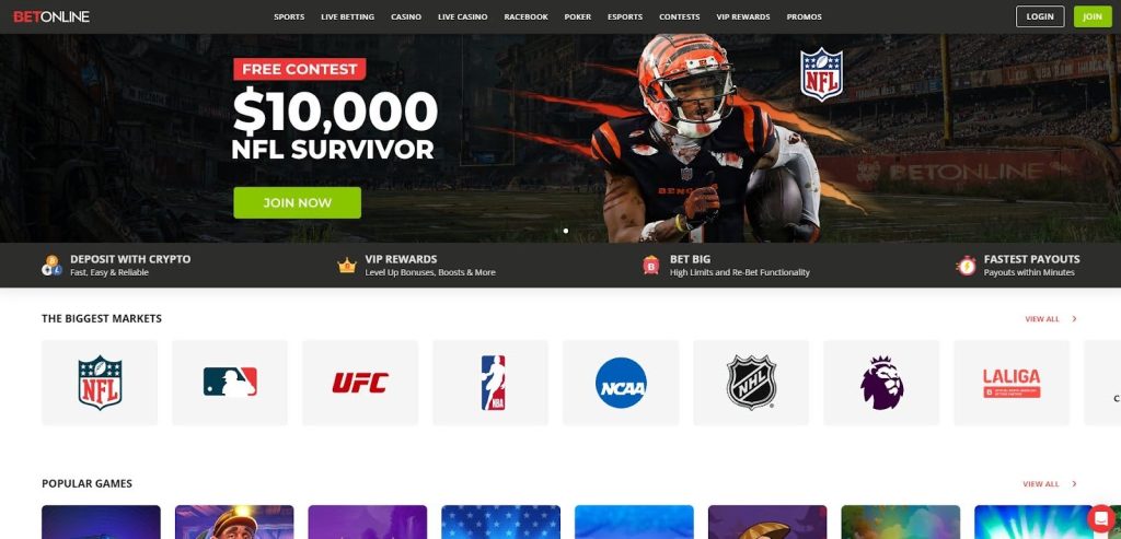 BetOnline sportsbook interface showing in-play NFL markets and bonus rewards for U.S. bettors.