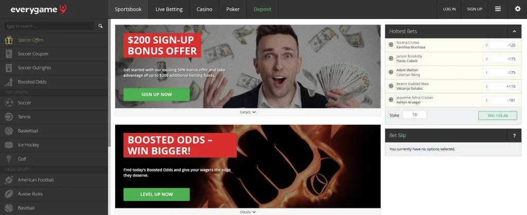 Everygame offshore sportsbook homepage highlighting secure payments and wide betting markets.