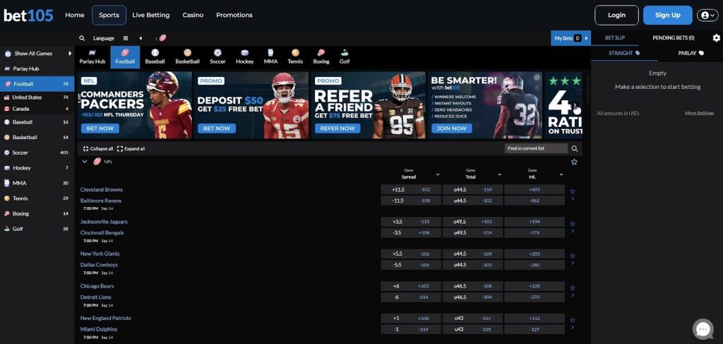Bet105 interface with clear odds and simple betting layout — a new entry in California sports betting sites.