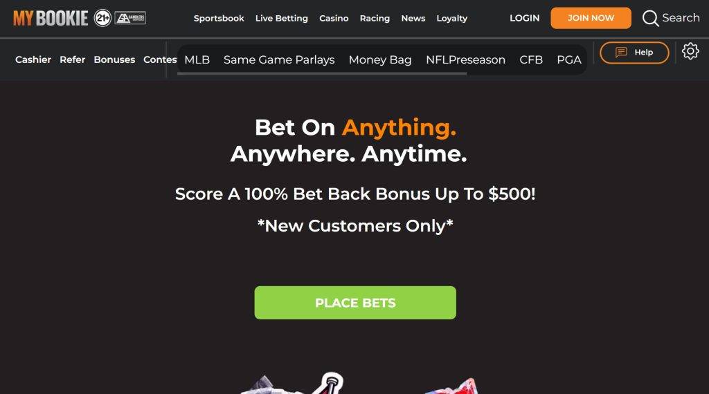 MyBookie betting platform showcasing mobile access and player bonuses for NHL fans.